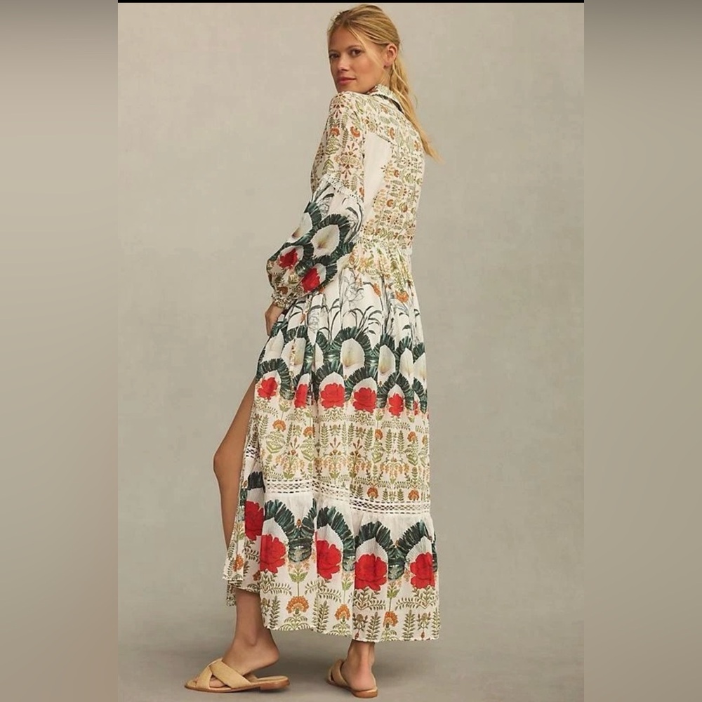 Anthropologie Ivory Maxi Dress with Red & Green Floral Print - Picture 2 of 6